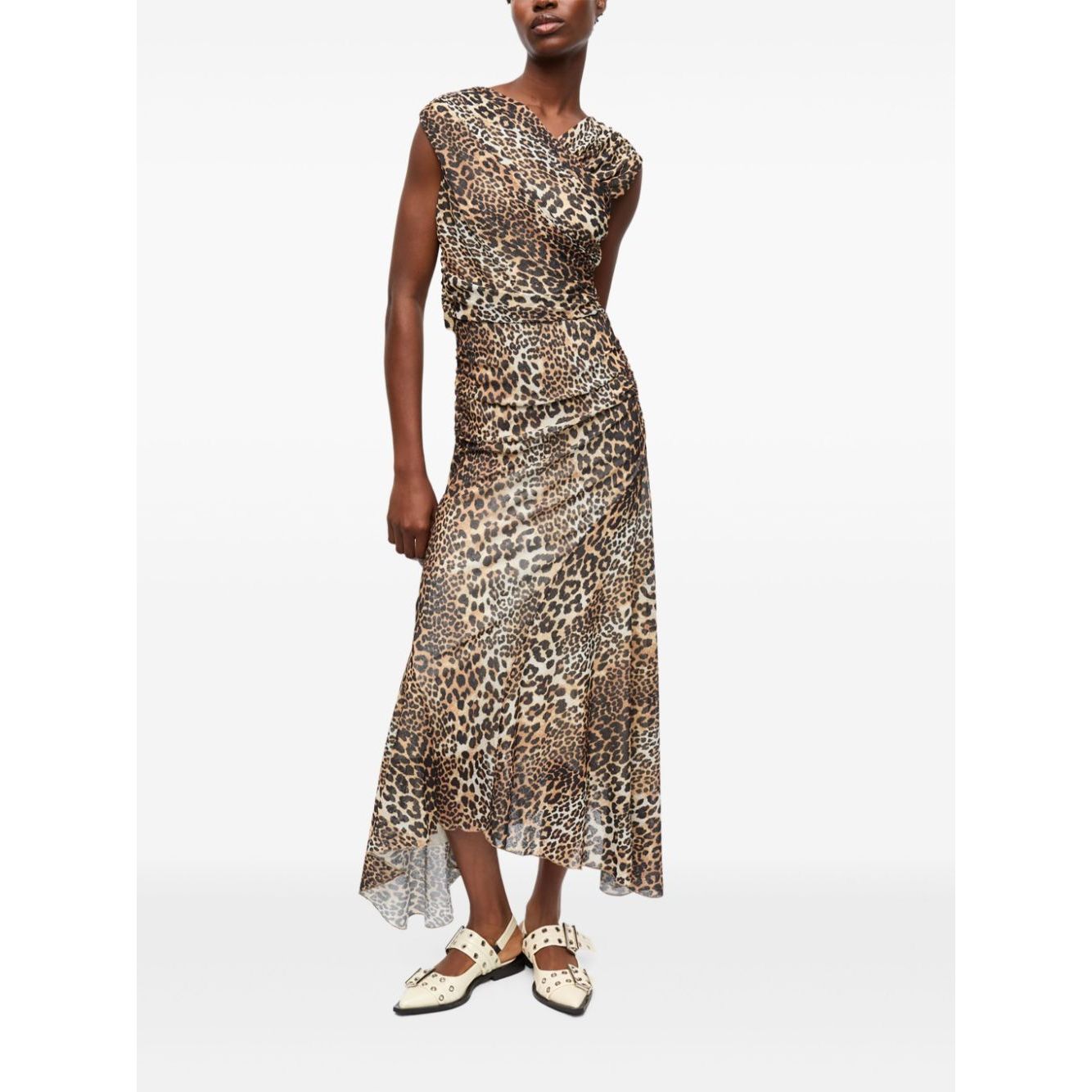 Ganni Leopard Marl Mesh Long Ruched Crossover Dress Dresses