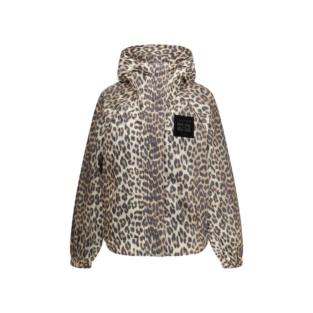 Ganni Multicolor Nylon Rain Coat with leopard print, featuring front zipper, hood, and GANNI logo patch, perfect for stylish rainy days.