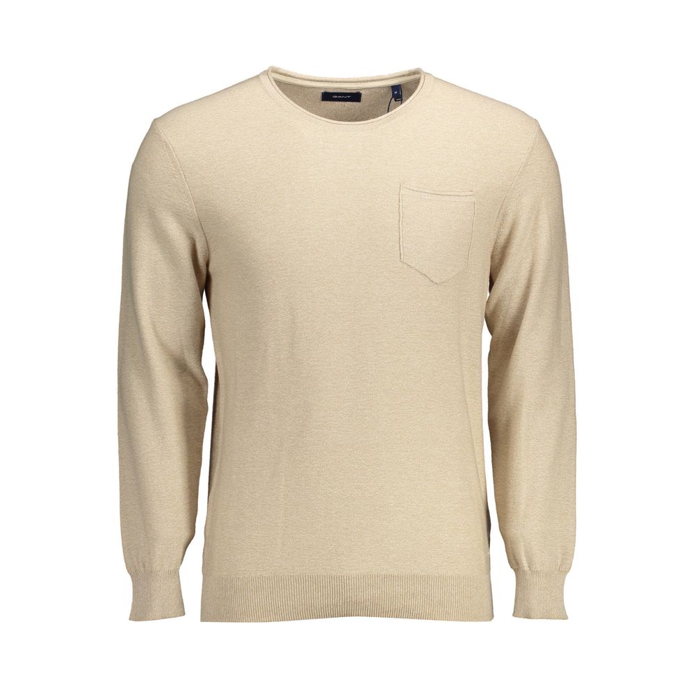 Gant Beige Cotton Men Sweater with long sleeves, crew neck, and front pocket, showcasing timeless elegance and iconic emblem.