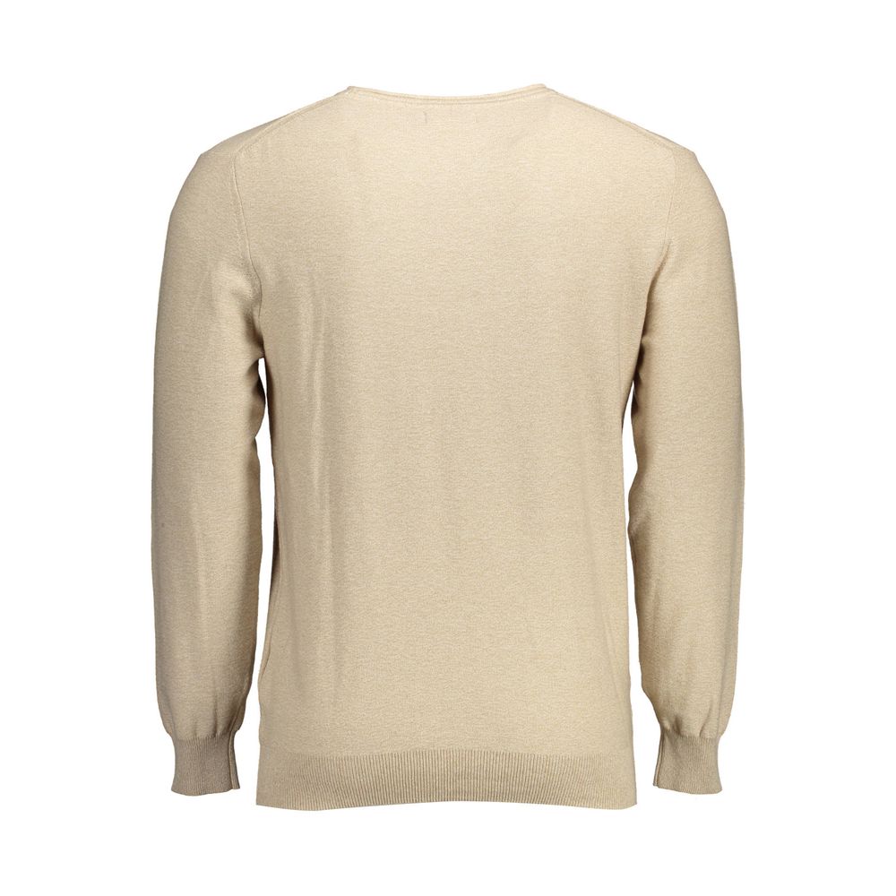 Back view of Gant Beige Cotton Men Sweater with long sleeves and crew neck design, showcasing its classic elegance and comfortable fit.