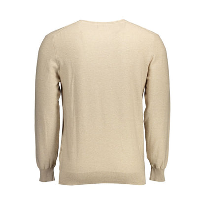 Back view of Gant Beige Cotton Men Sweater with long sleeves and crew neck design, showcasing its classic elegance and comfortable fit.
