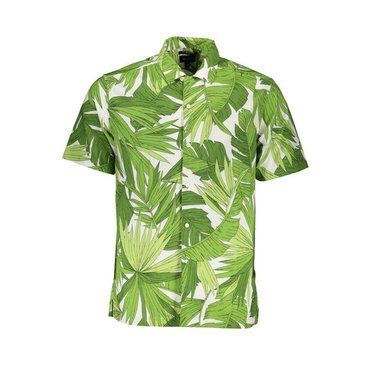 Gant Green Cotton Men Shirt with tropical leaf pattern, short sleeve, perfect for casual and business-casual looks in organic cotton.