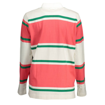 Back view of Gant Pink Cotton Women Polo Shirt with green and white stripes, showcasing long sleeves and soft organic cotton fabric.