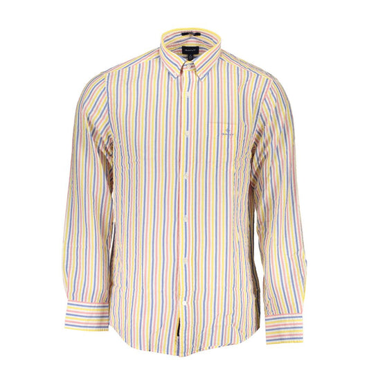 Striped men's shirt with button-down collar, featuring pastel colors and classic design. Long sleeves add a timeless look to any wardrobe.
