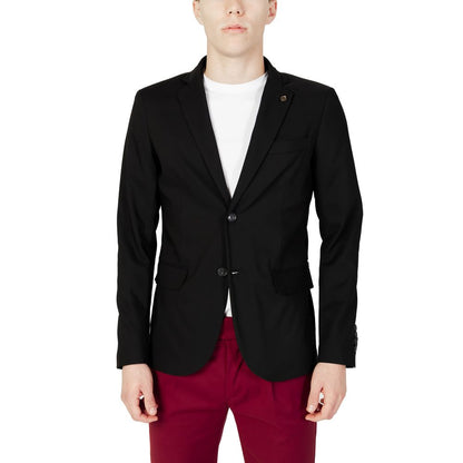 Gianni Lupo Black Cotton Blazer on model, single-breasted, classic lapels, perfect for formal occasions, comfortable and stylish fit.