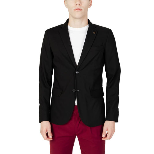 Gianni Lupo Black Cotton Blazer on model, single-breasted, classic lapels, perfect for formal occasions, comfortable and stylish fit.