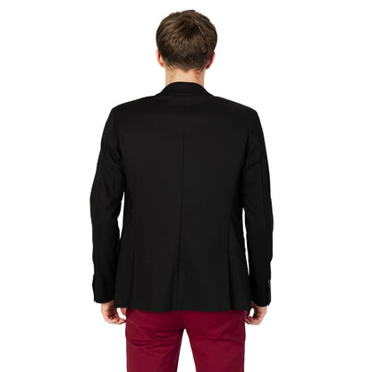 Rear view of man wearing Gianni Lupo Black Cotton Blazer showcasing the elegant single-breasted design.