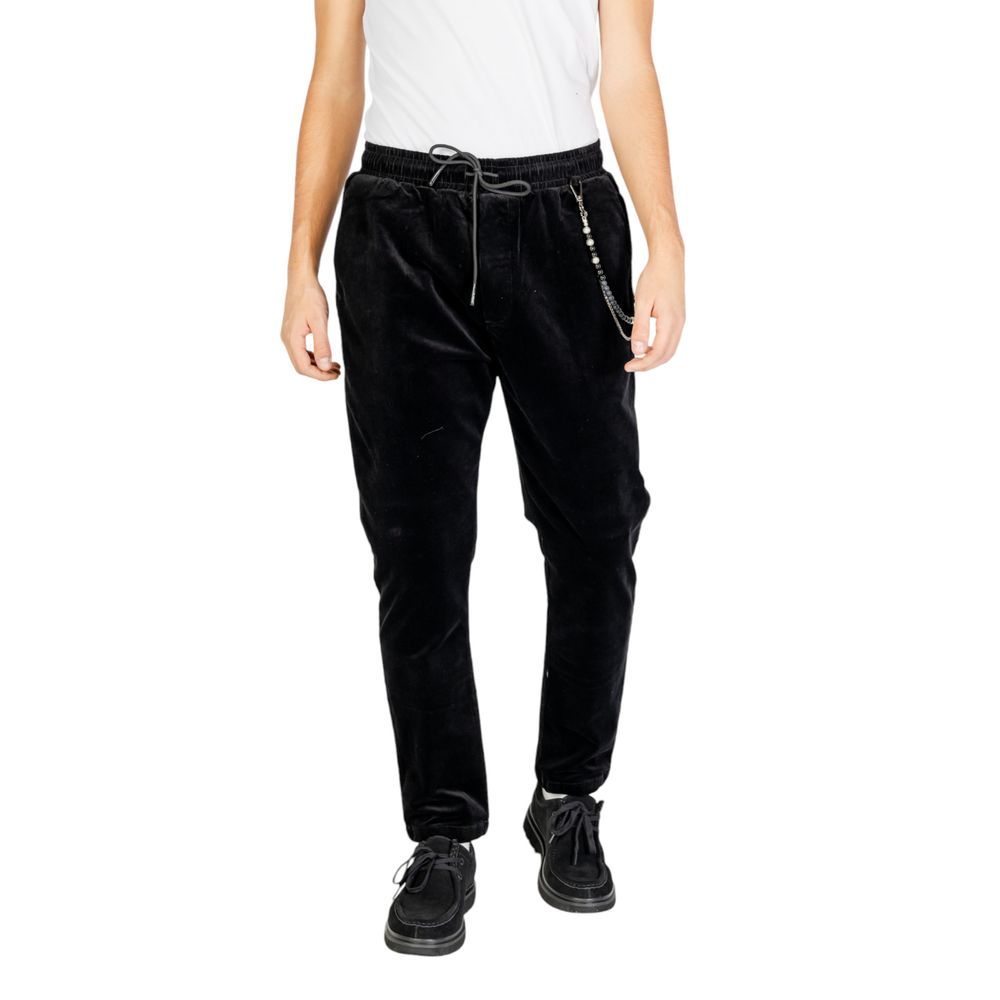 Model wearing Gianni Lupo Black Cotton Casual Pants with drawstring waist.