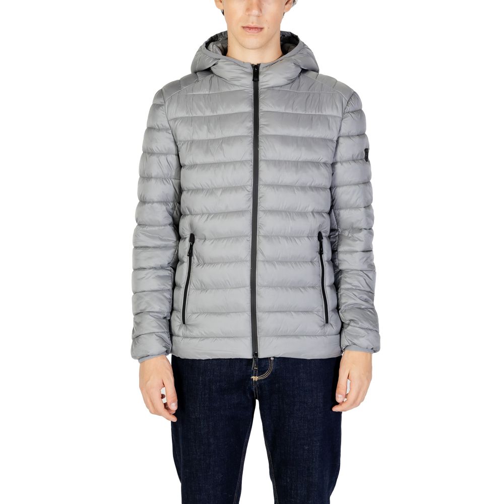 Gianni Lupo Gray Polyamide Jackets & Coat for men, fall/winter collection, shown on model, 100% polyamide, hooded style.