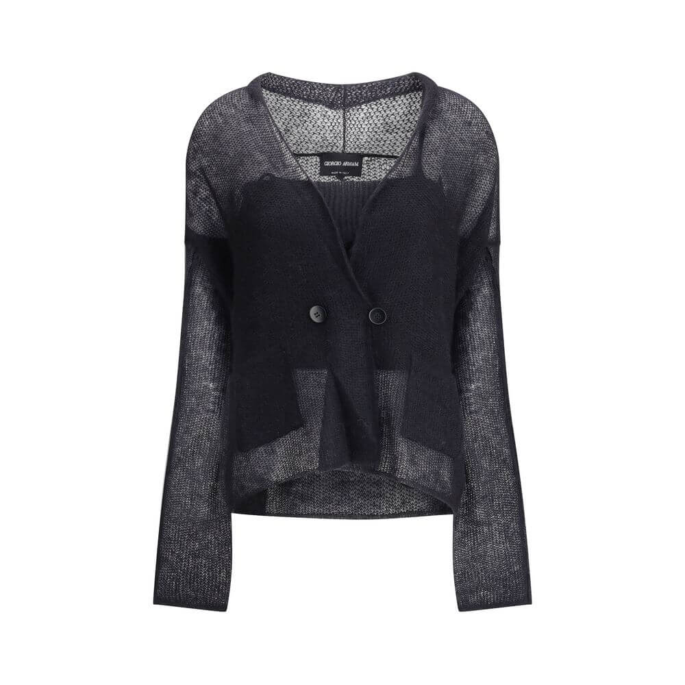 Giorgio Armani Black Mohair Cardigan with double-breasted design and mesh stitching, ideal for elegant daytime wear.