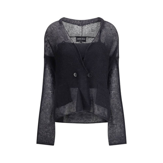 Giorgio Armani Black Mohair Cardigan with double-breasted design and mesh stitching, ideal for elegant daytime wear.