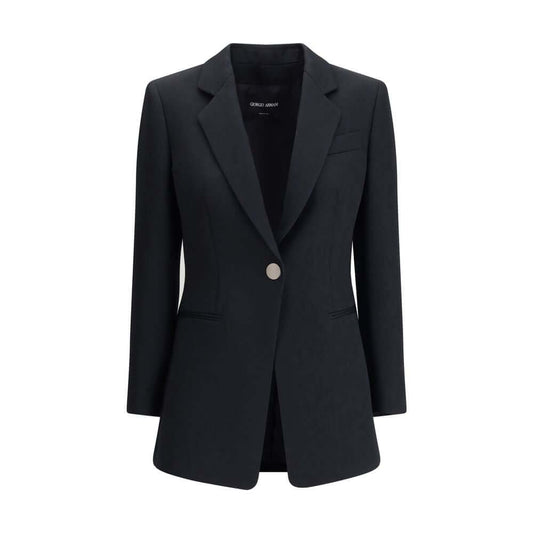 Giorgio Armani Black Polyester Blazer with notched lapels and single-button closure for a refined, elegant style.