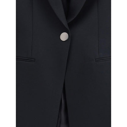 Giorgio Armani Black Polyester Blazer with single button closure, notched lapels, and welt pockets for a timeless, elegant look.