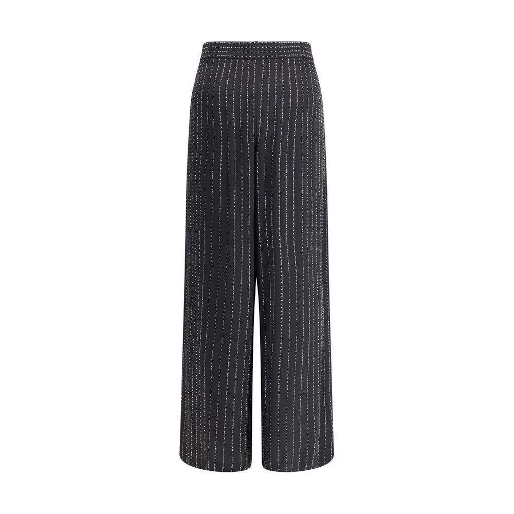 Giorgio Armani Black Silk Casual Pants with elegant wide-leg design, tone-on-tone embroidery, and glamorous pinstripe pattern.