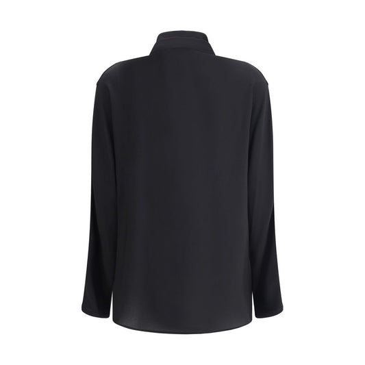 Back view of Giorgio Armani Silk Shirt with double collar and hidden buttons, showcasing elegant and refined design in black silk.