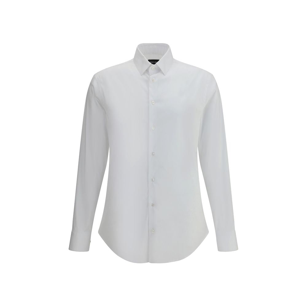 Giorgio Armani White Cotton Dress Shirt featuring a slim fit, tailored elegance, mother-of-pearl buttons, and English seams.