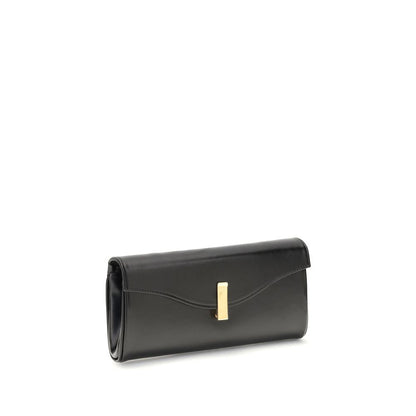 Giuseppe Zanotti Black Leather Clutch Bag with gold-tone chain and logoed metal closure, elegant compact design.