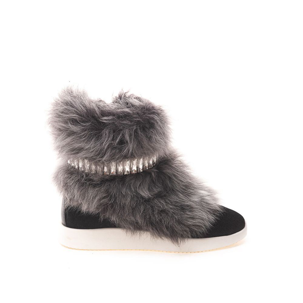 Giuseppe Zanotti Black Neoprene Chunky Sneakers with faux fur and crystals, side zipper, black fabric, white sole.