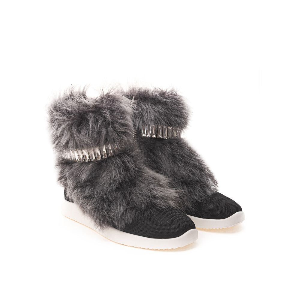 Giuseppe Zanotti Black Neoprene Chunky Sneakers with faux fur and crystal accents, featuring a white rubber sole and side zipper.