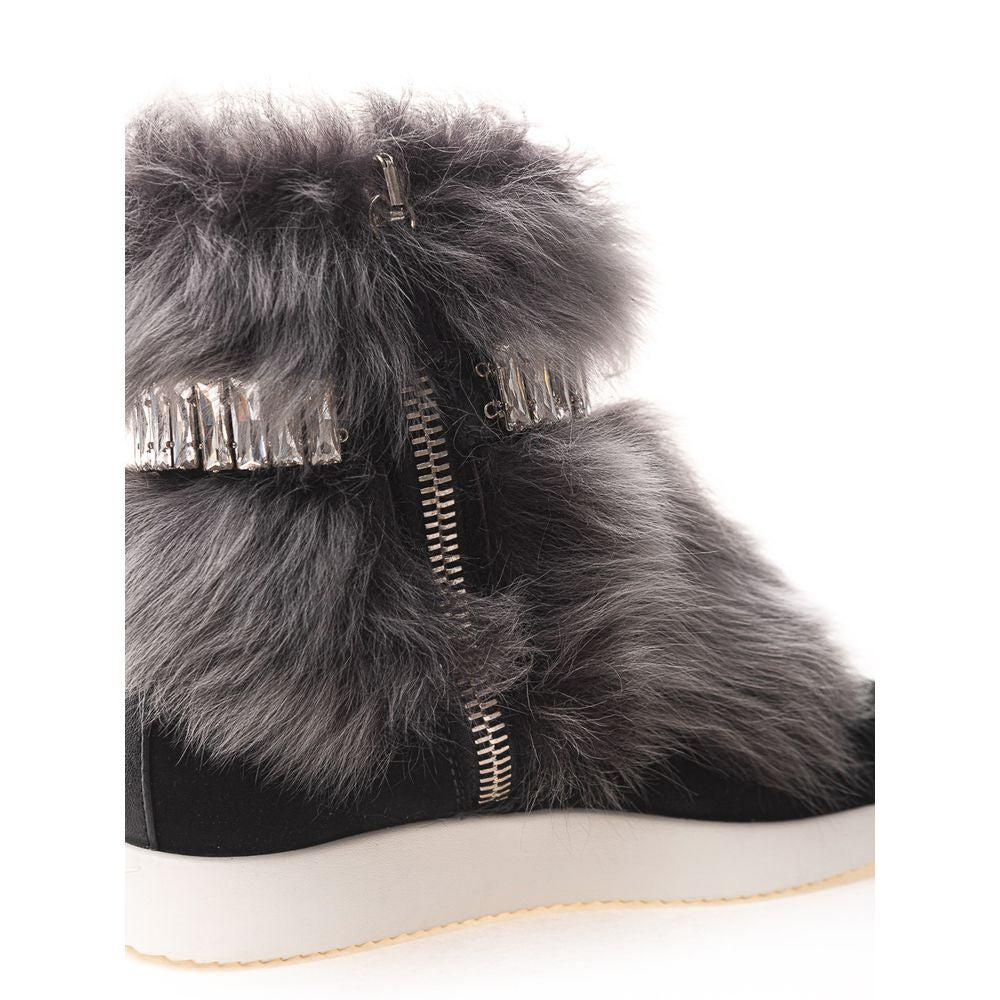 Side view of Giuseppe Zanotti Black Neoprene Chunky Sneakers with faux fur and crystals, featuring a side zipper and white rubber sole.