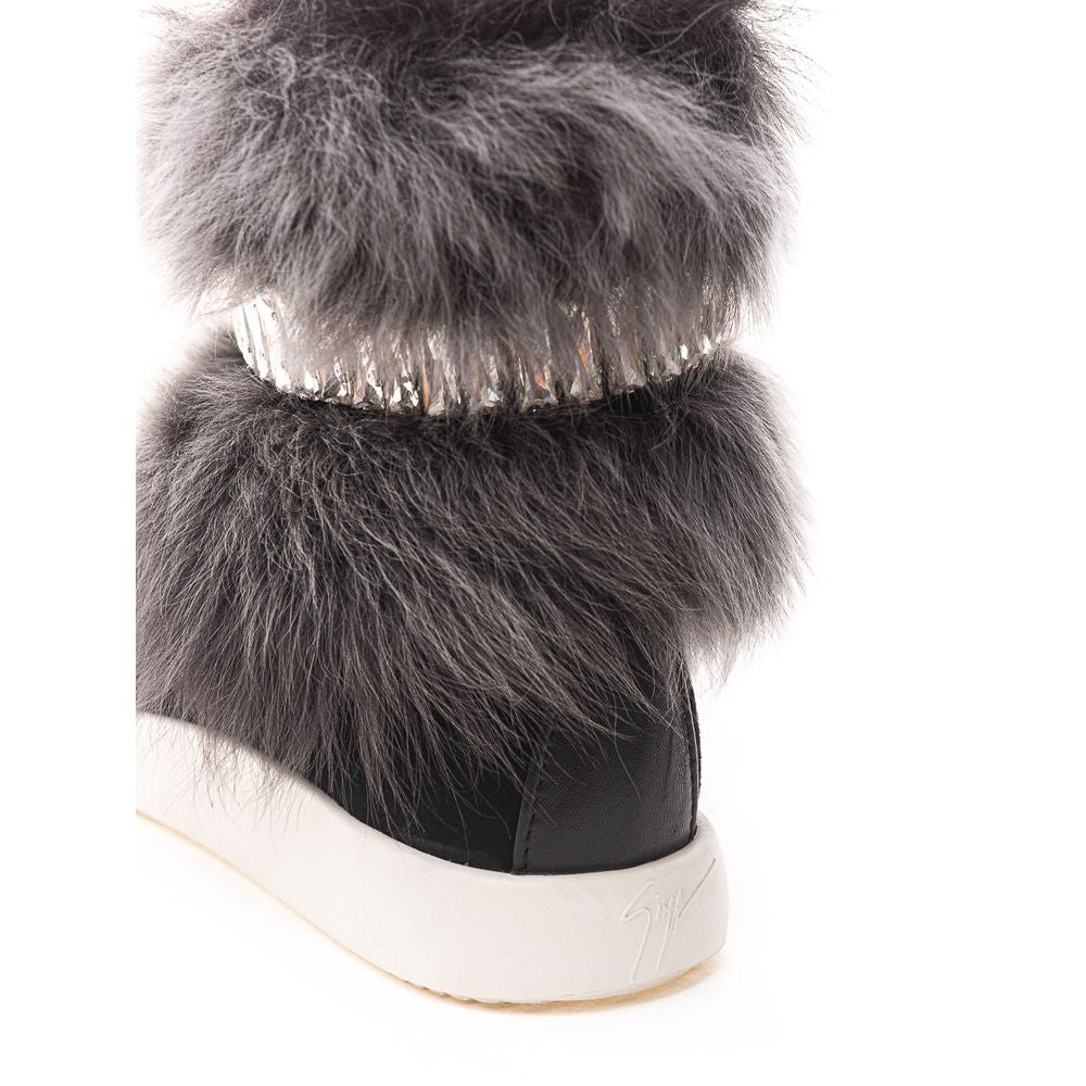 Close-up of Giuseppe Zanotti Black Neoprene Chunky Sneakers with faux fur and crystal detail, side zipper visible.