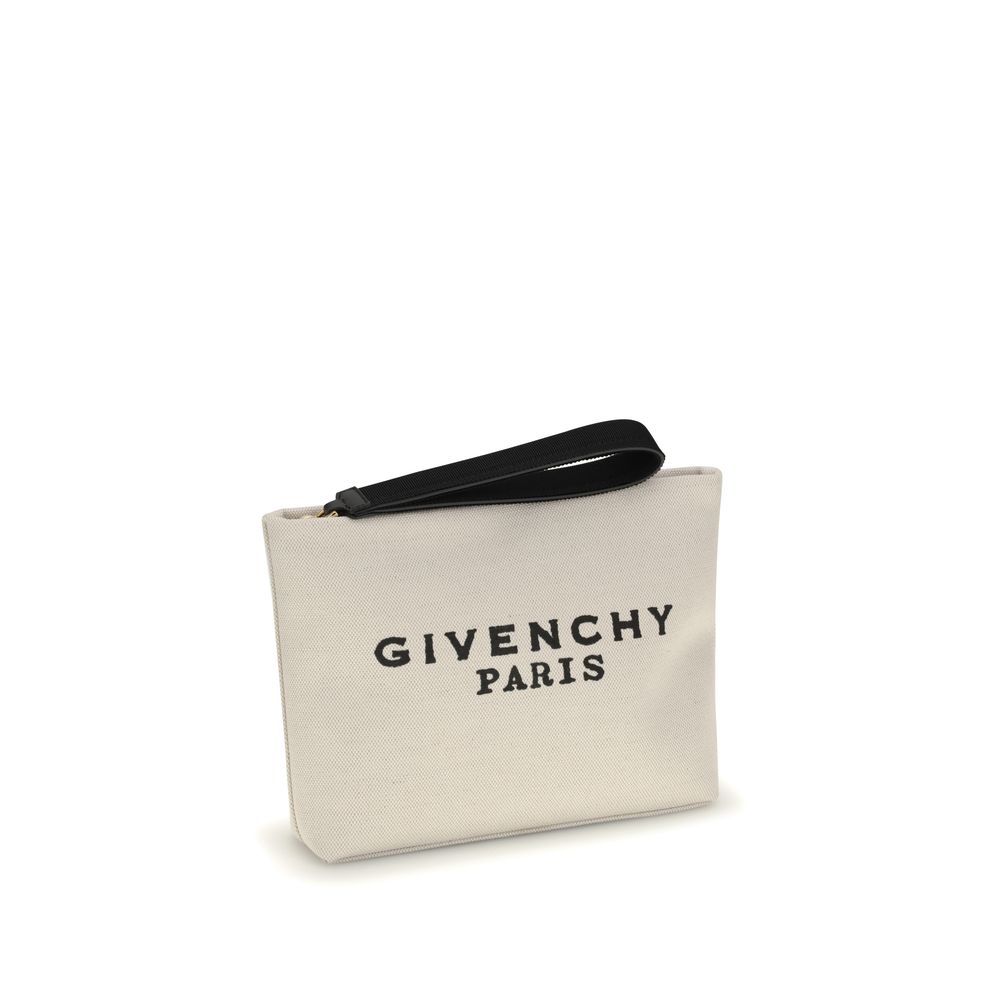 Givenchy Beige Cotton Accessories - Canvas Pochette with zipper, grosgrain leather strap, and GIVENCHY Paris logo, AW25
