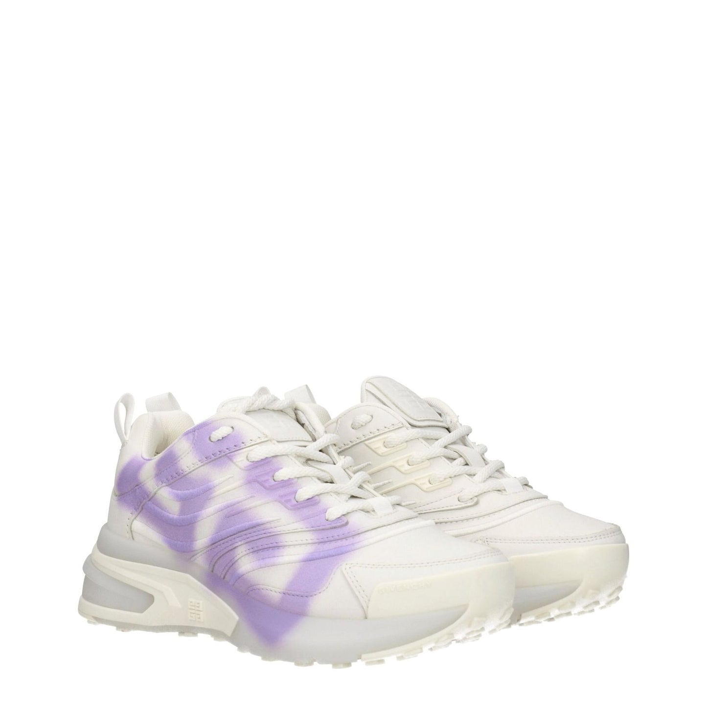 White and lilac low top sneakers with lace-up closure, round toe, and rubber sole, featuring side and back logo details.