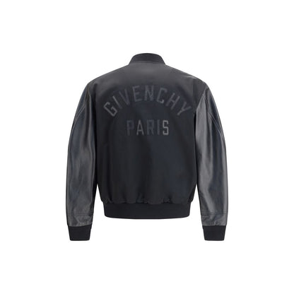 Back view of Givenchy Black Cotton Bomber with leather sleeves and GIVENCHY Paris logo applique.