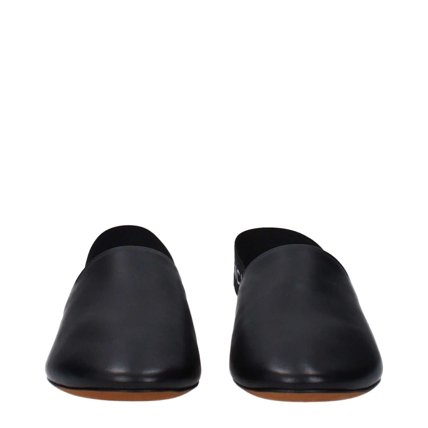 Givenchy Black Leather Mules with side and back logo, round toe, low flat heel, leather sole, MPN BE2003E00H008, casual style.