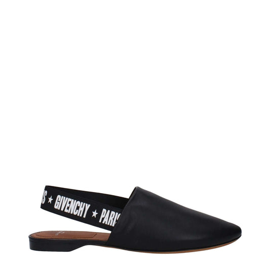 Givenchy Black Leather Slides, casual sandals with logo details, round toe, low flat heel in black leather with white accents.