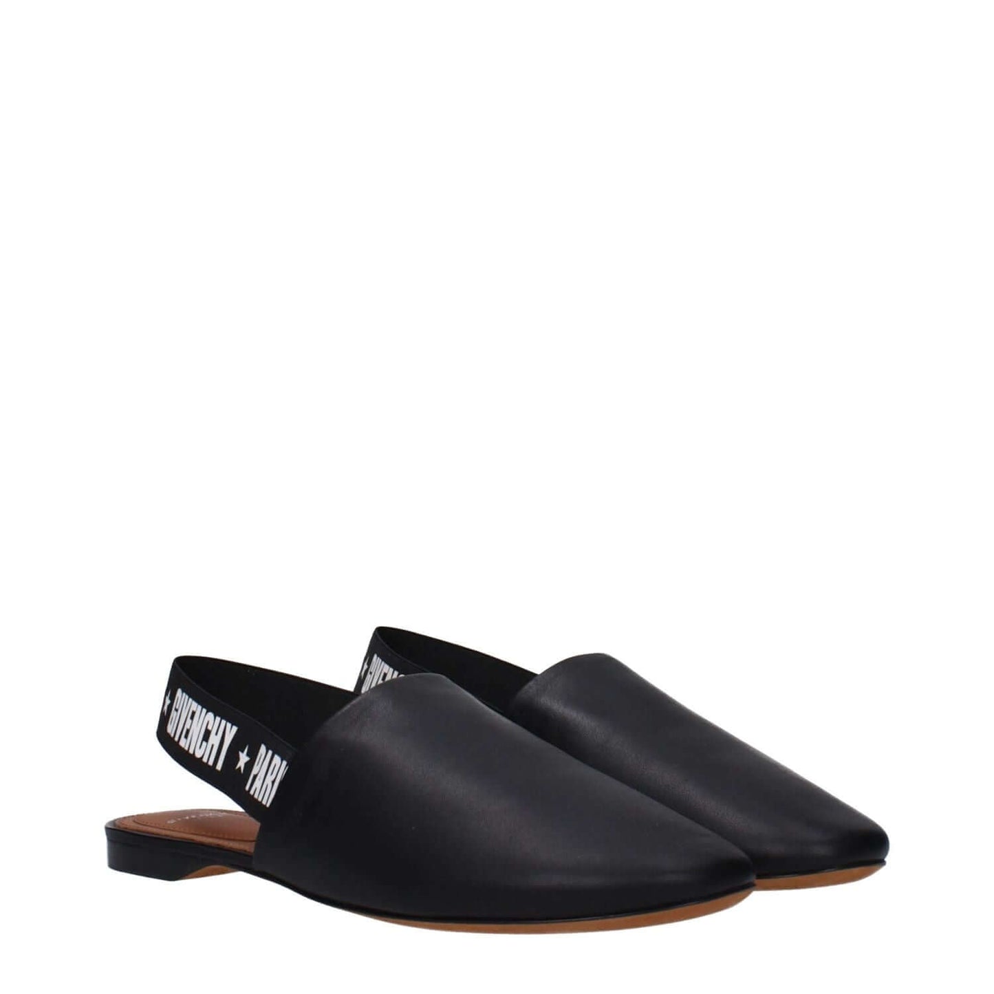 Givenchy Black Leather Slides with side and back logo, featuring a low flat heel and round toe design, casual leather sandals.
