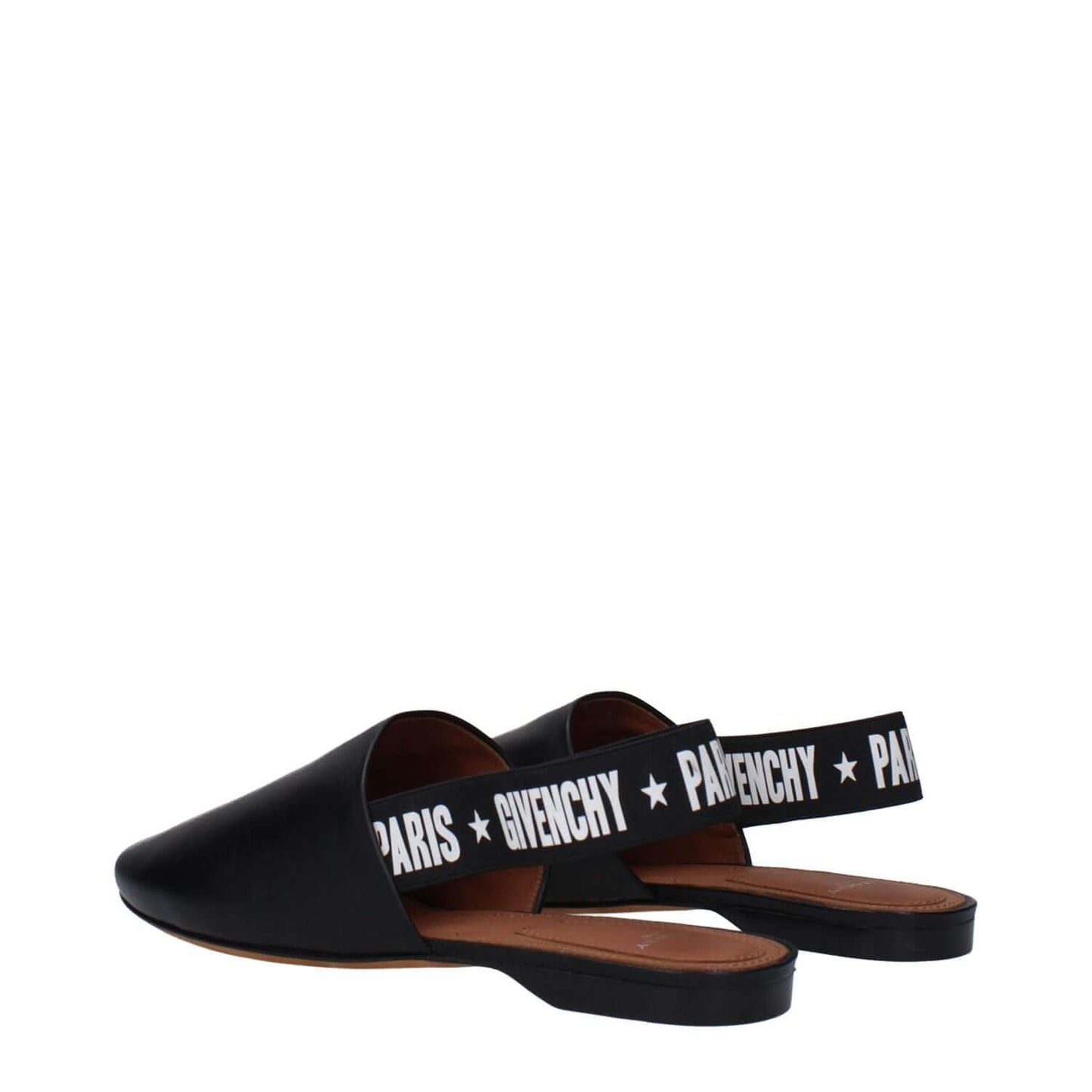 Givenchy Black Leather Slides with logos on strap, round toe design, low flat heel. Casual luxury sandals made of leather. Fashion footwear.