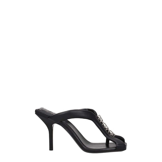 Givenchy Black Leather Stiletto Heel Sandals with silver front logo, open toe, and high heel, MPN BE3077E1LE001.