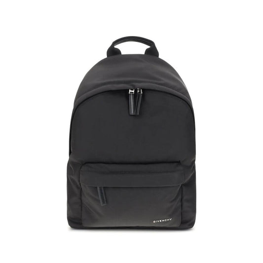 Givenchy Black Polyamide Backpack with leather pull tabs, metal logo, adjustable padded straps, front zip pocket, and interior flat pocket.