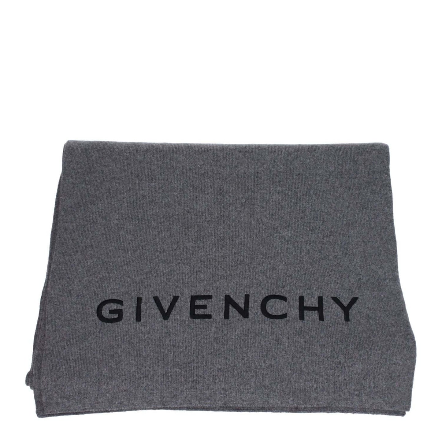 Alt Tag: Givenchy Gray Wool Scarf with logo, casual style, 70% wool and 30% cashmere blend, featuring wolf grey color, MPN BP007RP0H7097.