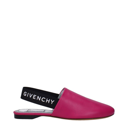 Alt Tag: Givenchy Pink Leather Sandals with logo strap, fuchsia color, casual style, round toe, low flat heel, made of leather.