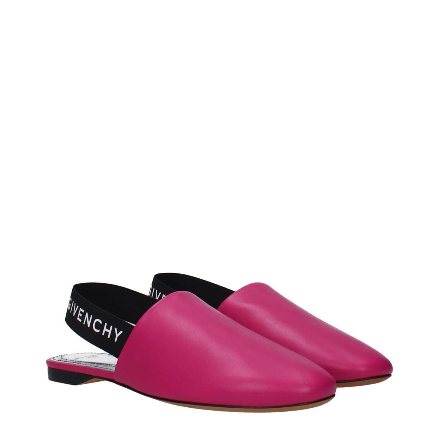 Givenchy Pink Leather Sandals with side and back logo, casual style, flat heel, round toe, in fuchsia and cyclamen color.