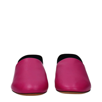 Alt Tag: Front view of Givenchy Pink Leather Sandals with round toe, low flat heel, side and back logo, in fuchsia and cyclamen color accents.