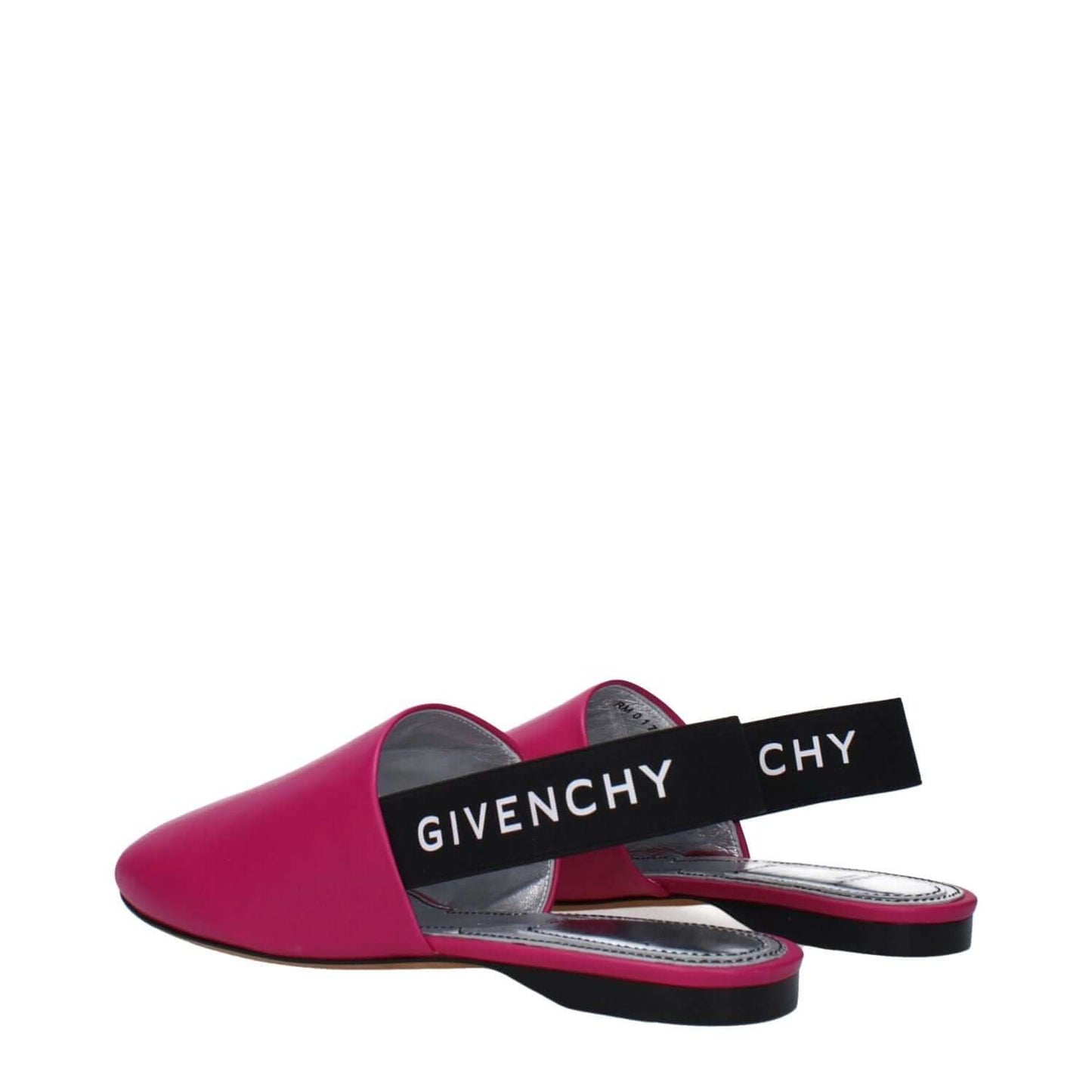 Givenchy Pink Leather Sandals with black side and back logos, round toe, and low flat heel in fuchsia and cyclamen colors.