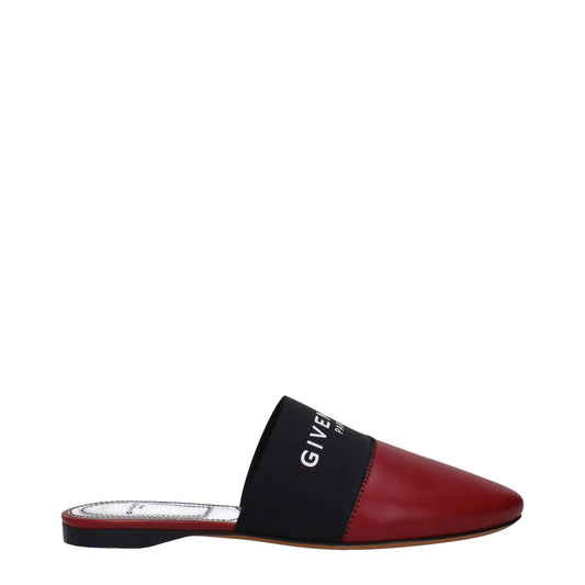 Givenchy Red Leather Slippers, casual round toe, low flat heel, cherry accents, front logo, MPN BE2002E01H607. Luxury footwear.
