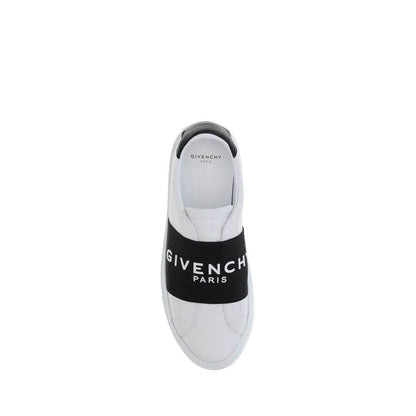 Top view of Givenchy White Calf Leather Bos Taurus Low Top Sneakers with logo band, featuring slip-on design and padded ankle.