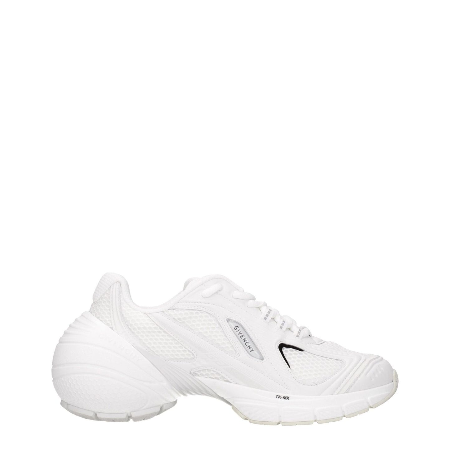 Givenchy White Fabric Athletic Sneakers with lace-up closure, front and side logos, rubber sole, and mid heel.