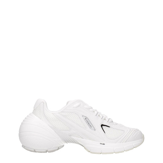 Givenchy White Fabric Athletic Sneakers with lace-up closure, front and side logos, rubber sole, and mid heel.
