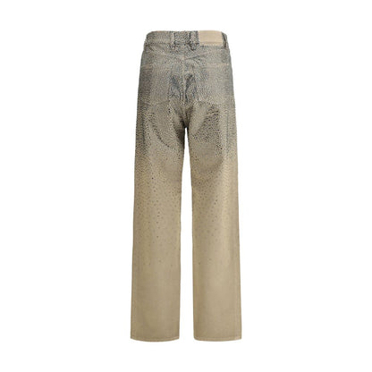 Golden Goose Bicolor Cotton Straight-Leg Jeans with all-over rhinestones, glamorous five-pocket style, back view.