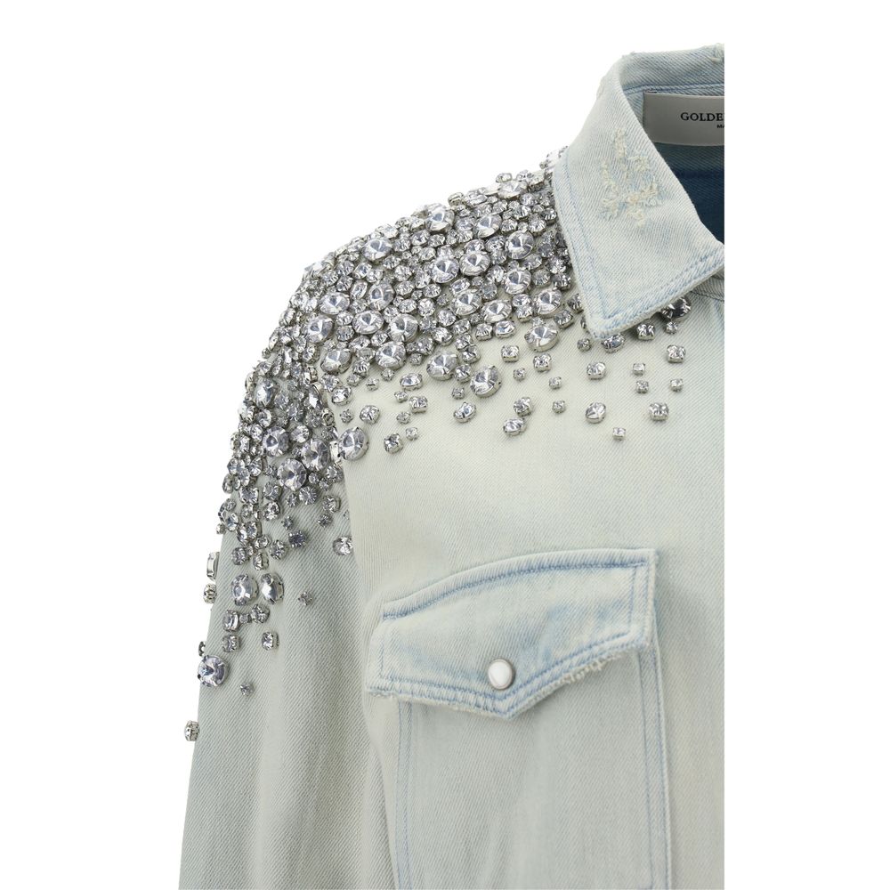 Golden Goose Blue Denim Shirt with bead embellishments on shoulder, detailed view.