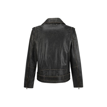 Golden Goose Brown Calf Leather Bos Taurus Biker Jacket with vintage worn effect, back view
