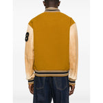 Back view of Golden Goose Coats mustard yellow wool and leather bomber jacket with varsity-style details and ribbed trims.