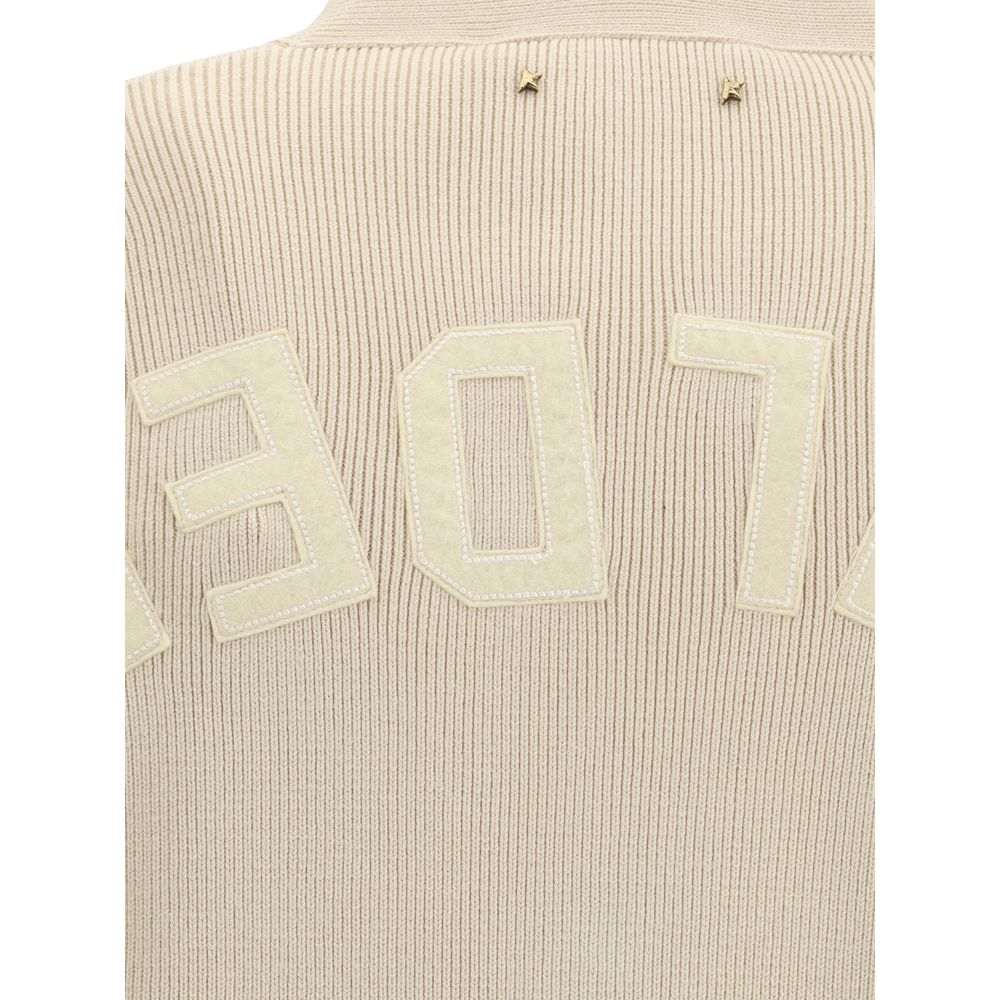 Golden Goose Cream Cotton Cardigan back view with logo applique detail, showcasing ribbed texture and iconic style. Sustainable fashion.