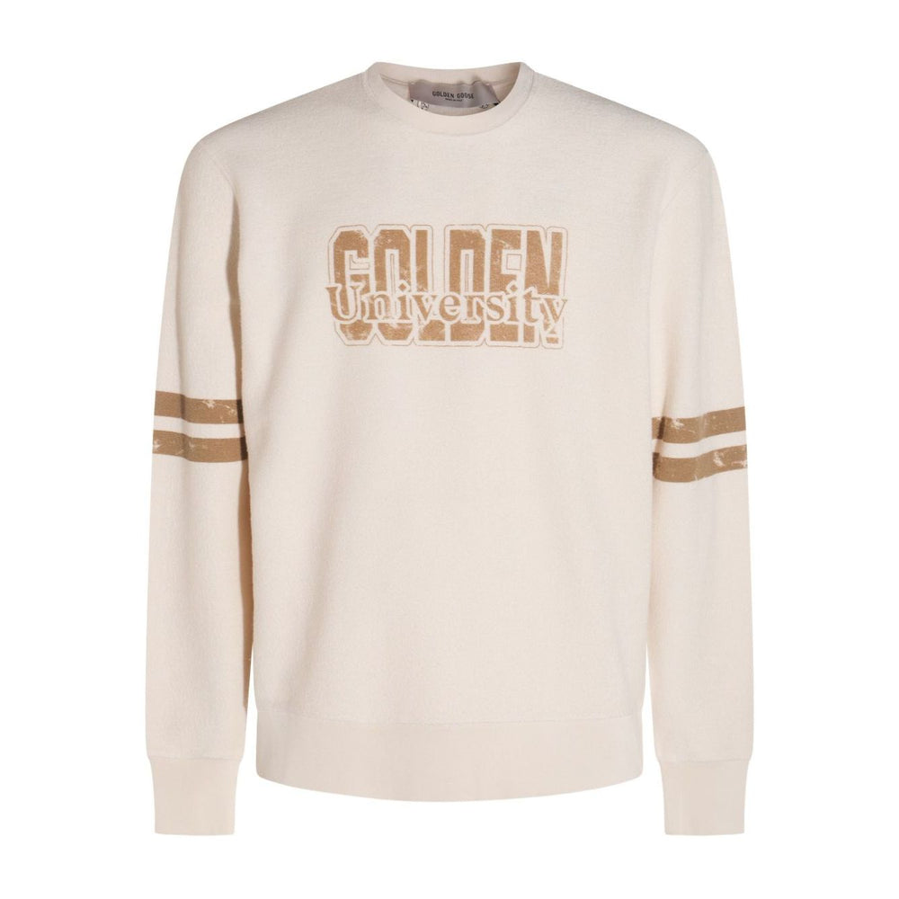 Golden Goose Sweaters White, cream 'Golden University' text, stripe detailing on sleeves, crew neck cotton sweatshirt.