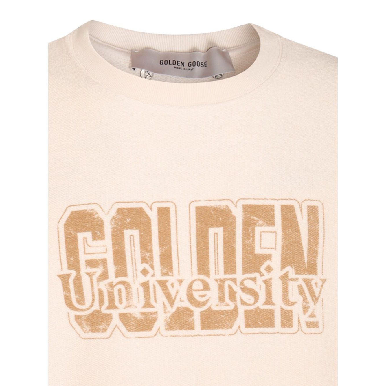 Golden Goose Sweaters White with 'Golden University' text and stripe detailing on sleeves, featuring crew neck and logo.